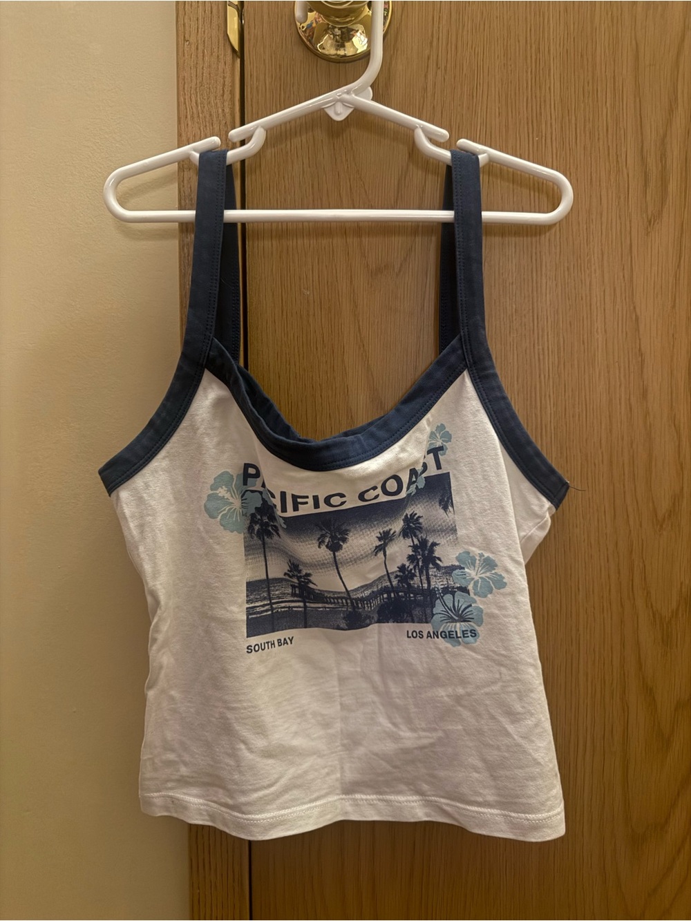 Ardene White Tank with Navy Trim and Blue Graphic